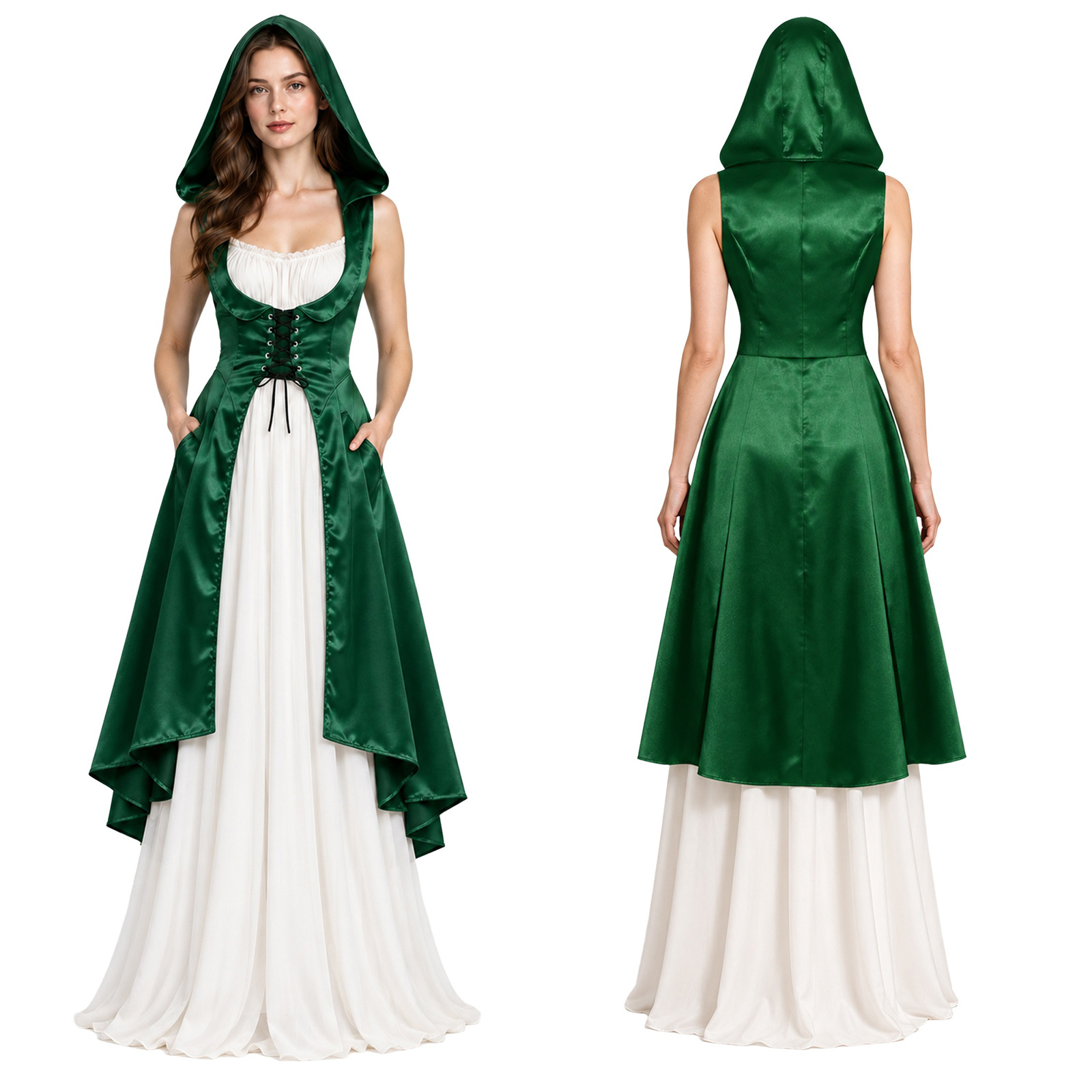 Medieval Renaissance Dress Women - ハロウィーンのコスプレパーティーに最適な、中世ルネサンス様式のヴィクトリア朝風コスチューム。レースアップでウエストを絞り、裾が前短後長のデザイン。サテン素材で、フード付き、バスト下まで覆うドレス。