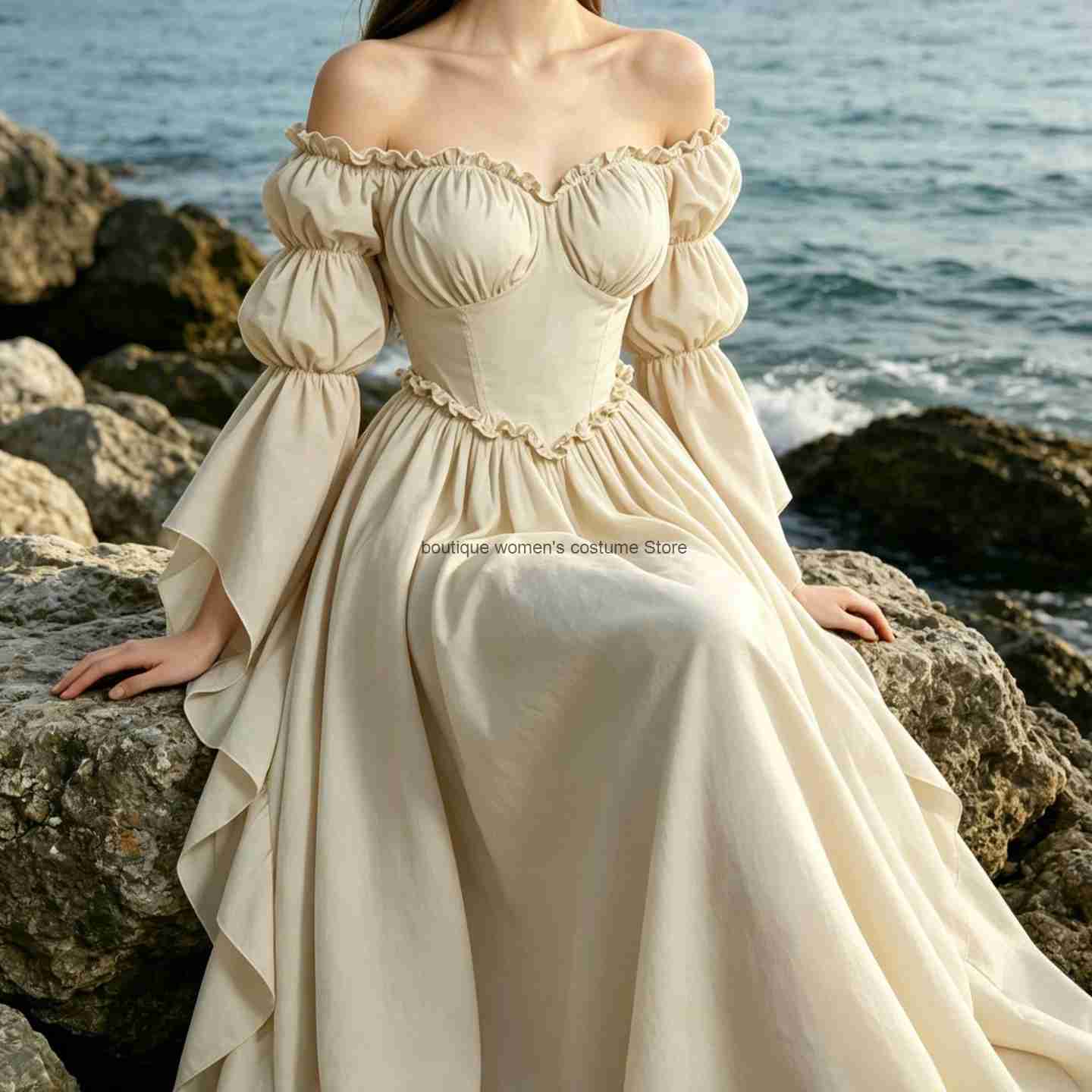 Medieval Renaissance Dress Women - 新作中世ルネサンス風ガウン。女性用、ヴィンテージ風、オフショルダー、パフスリーブ、ロングドレス。ヨーロッパ宮廷風の舞台衣装。