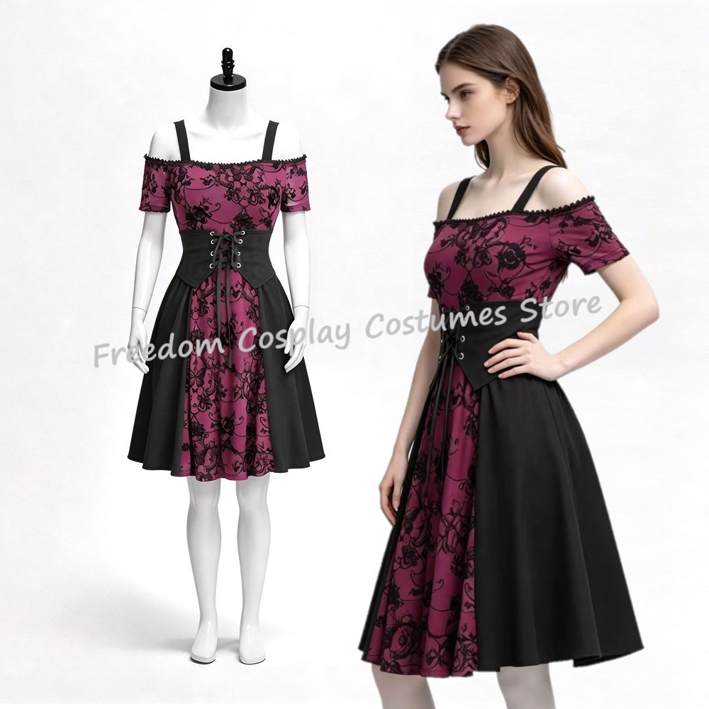 2026 女性の中世ゴシックパンク赤黒ダークプリントタンクド - Medieval Renaissance Dress Women のレビューと価格